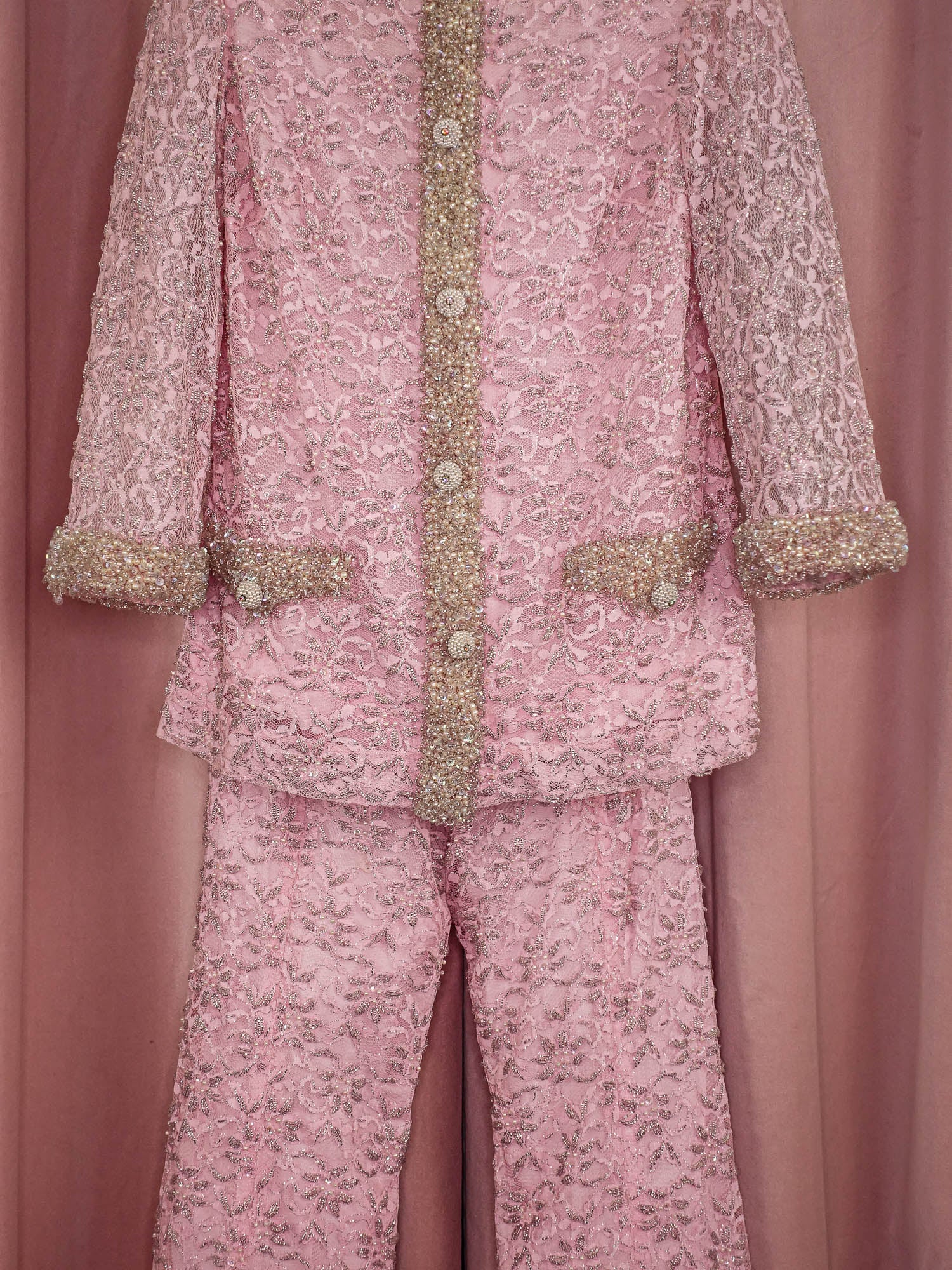 1960s Pink Lace Beaded Two Piece Set