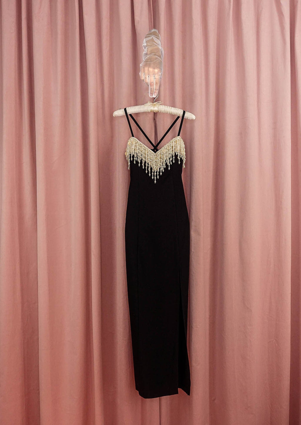 1990s Black Dress With Waterfall Pearl Bust