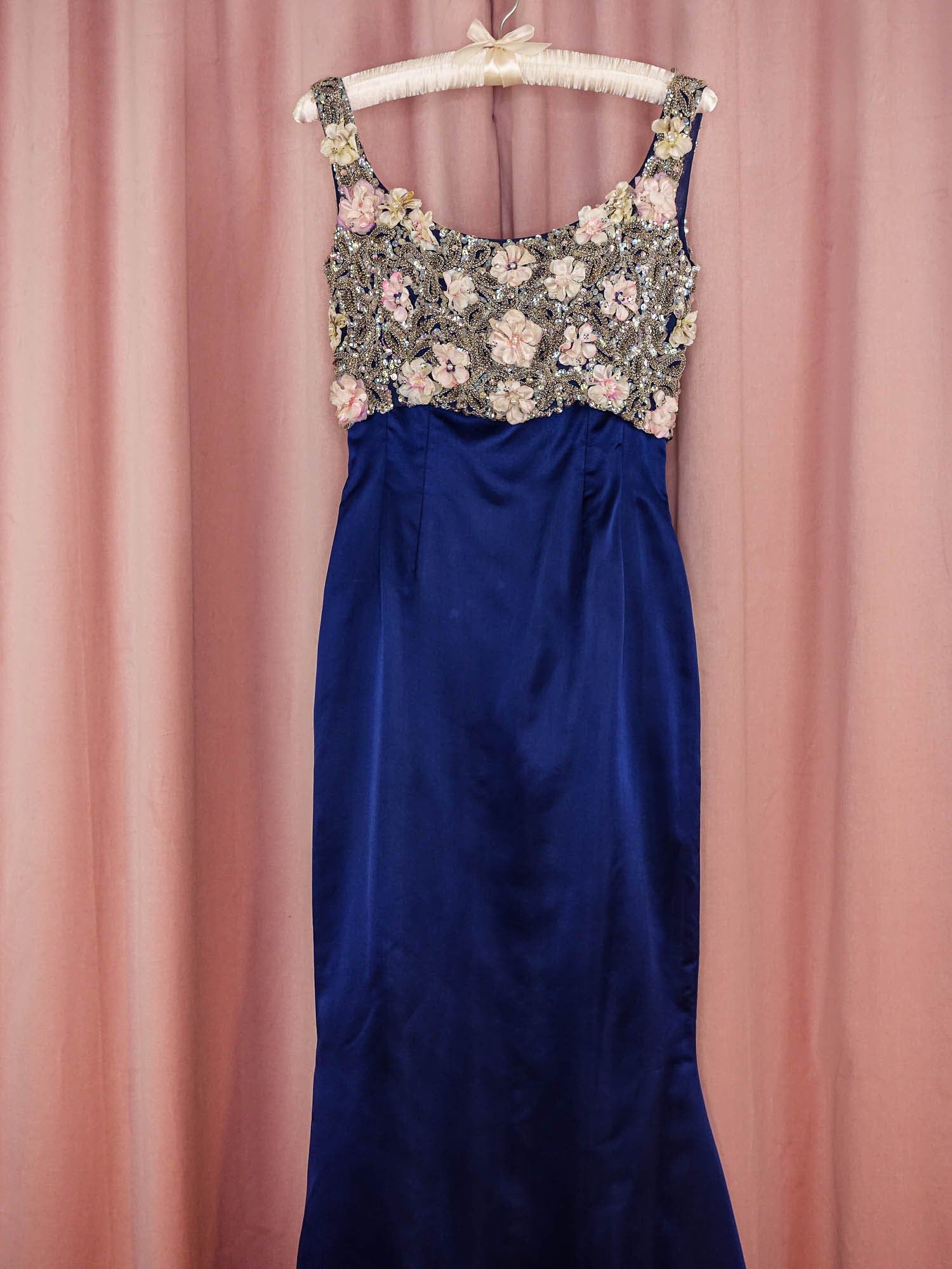1960s 3 Piece Midnight Blue Satin Trumpet Gown and Beaded Crop