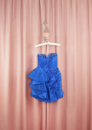 1980s 'Vicky Tiel' Cerulean Sweetheart Ruffle Mini Dress