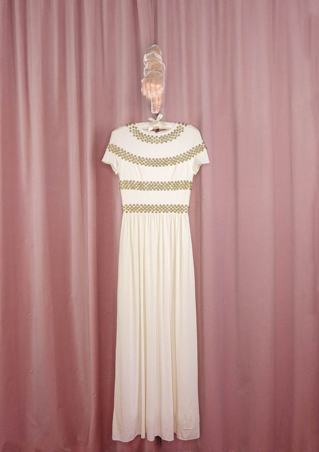 1970s Ivory Jersey Gown With Gold Studs