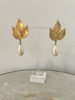 Edouard Rambaud 80s Leaf and Pearl Earrings