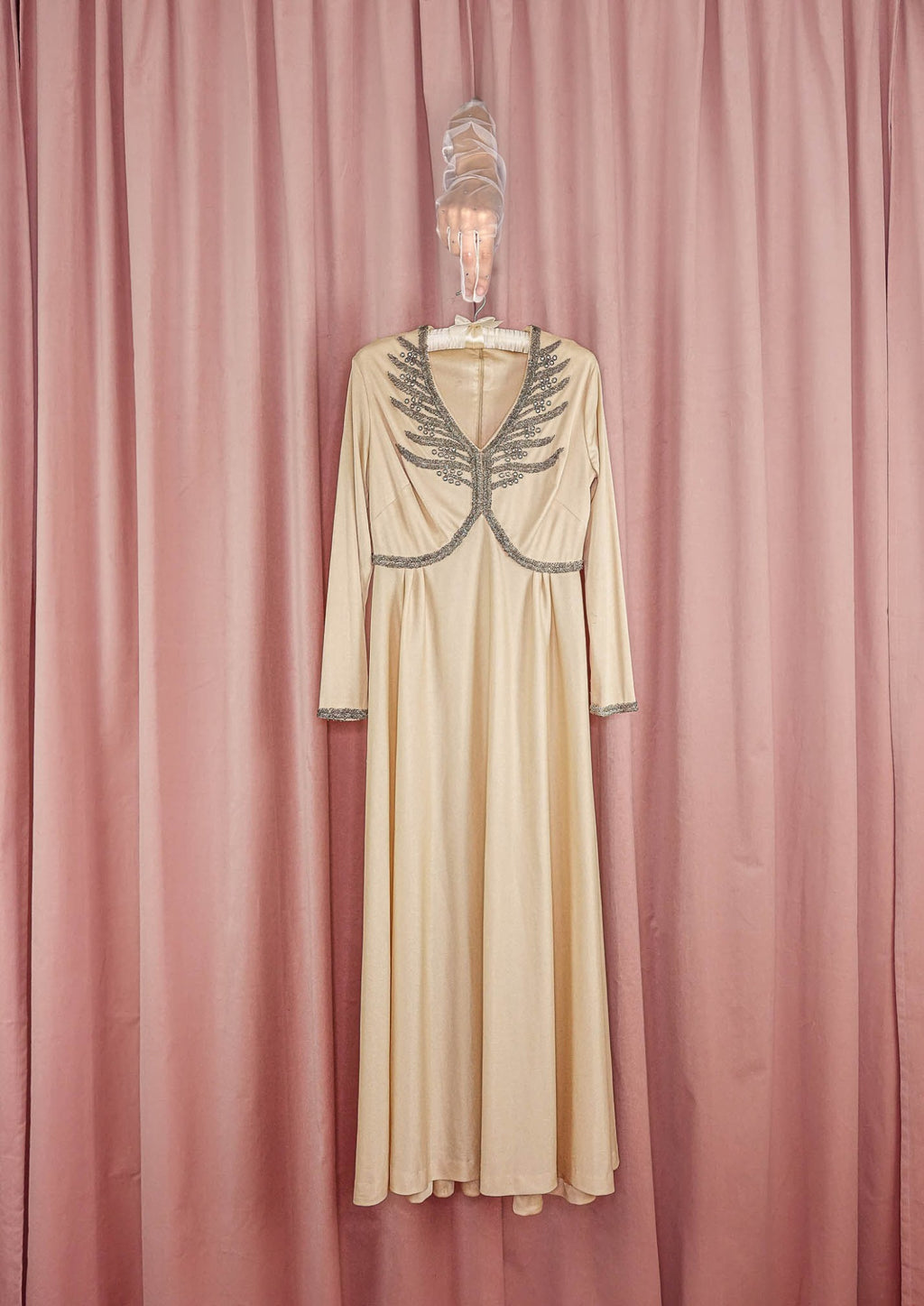 1970s Cream Jersey Beaded Gown