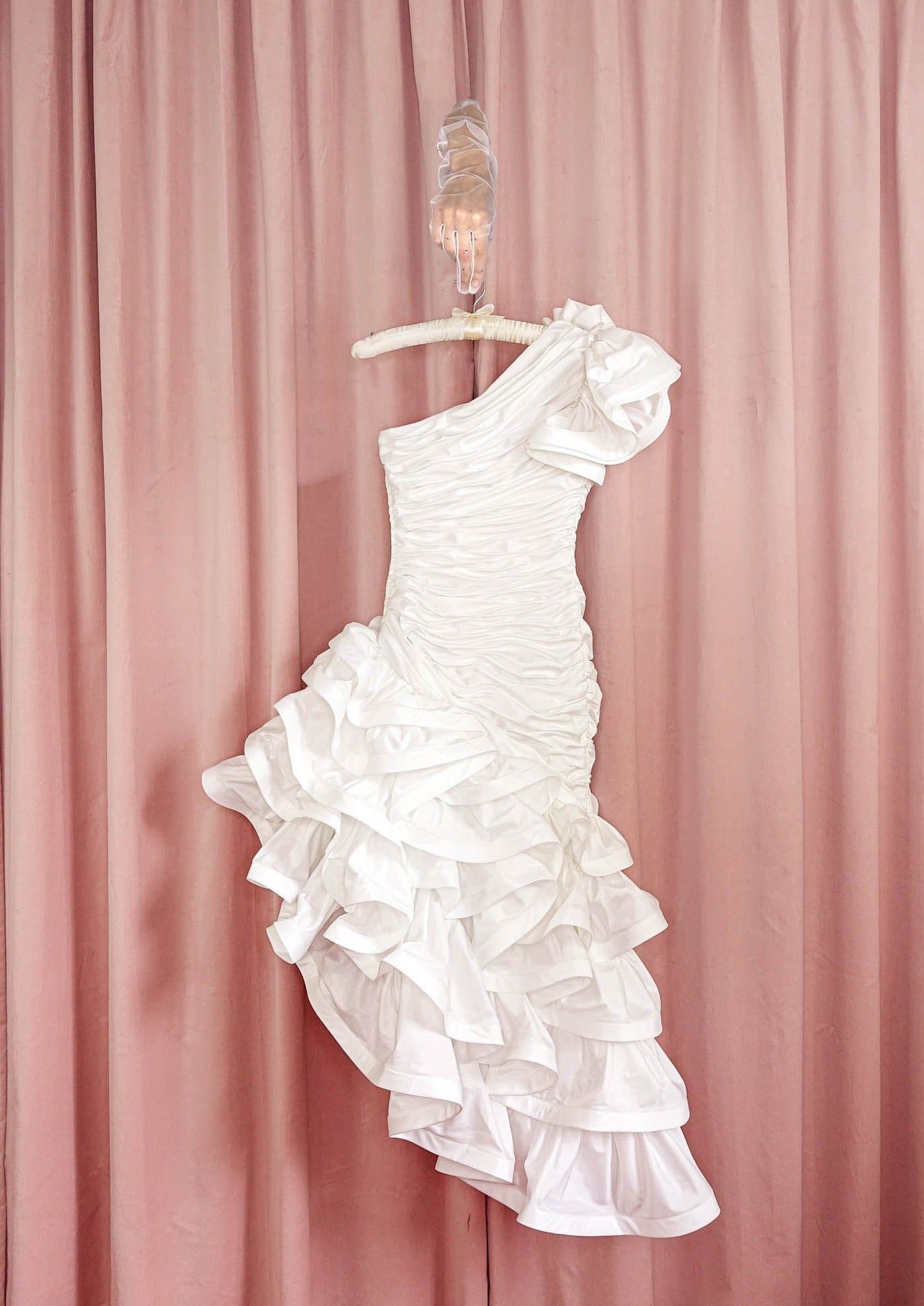 1980s White Asymmetrical Ruffle Gown – Cha Cha Linda Vintage