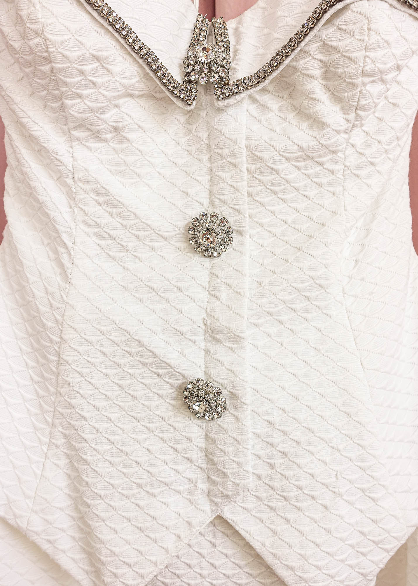 1980s White Strapless Peplum Dress With Rhinestone Buttons
