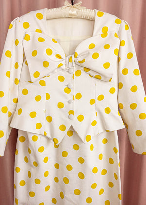 1990s Yellow Polka Dot Piqué Skirt Suit