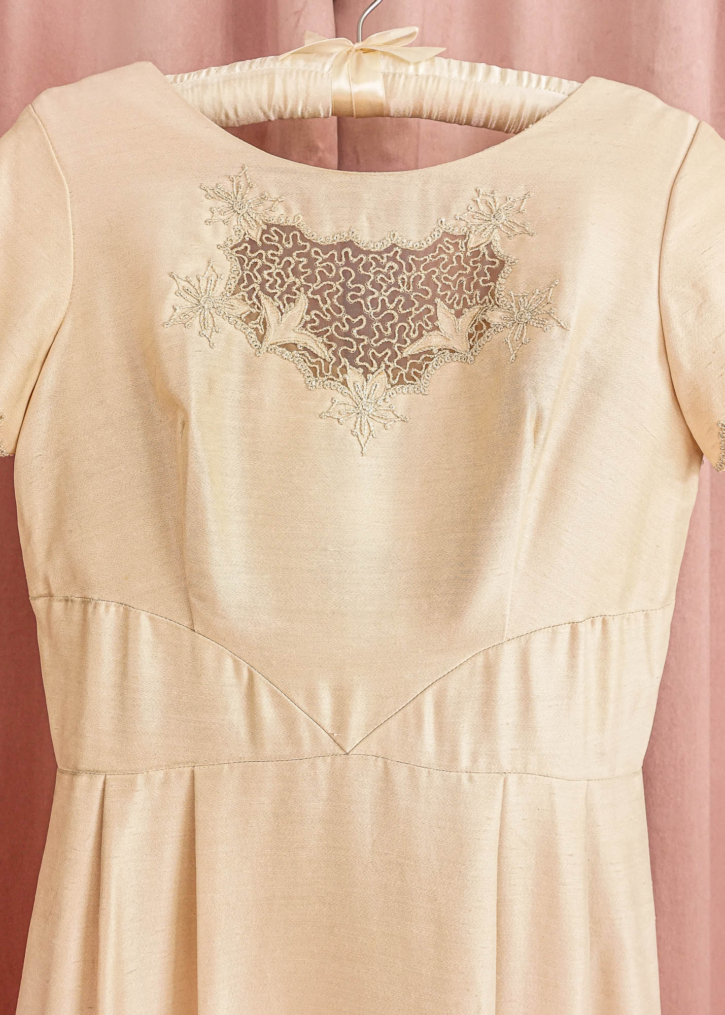 1960s Champagne Silk Cut Out Dress