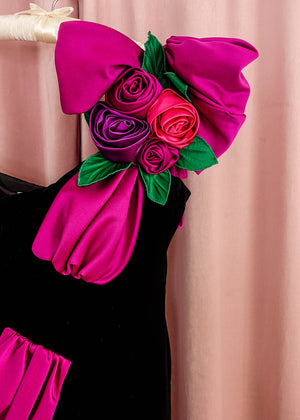 1980s Black Velvet Gown With Satin Sash and Roses