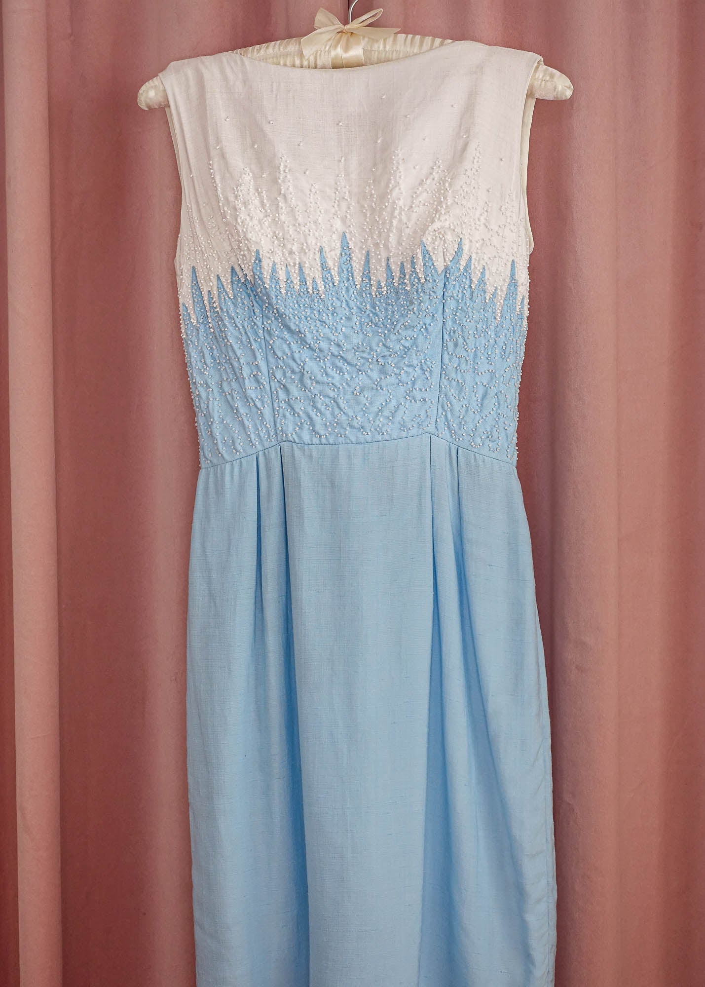 1950s Baby Blue and White Beaded Wiggle Dress