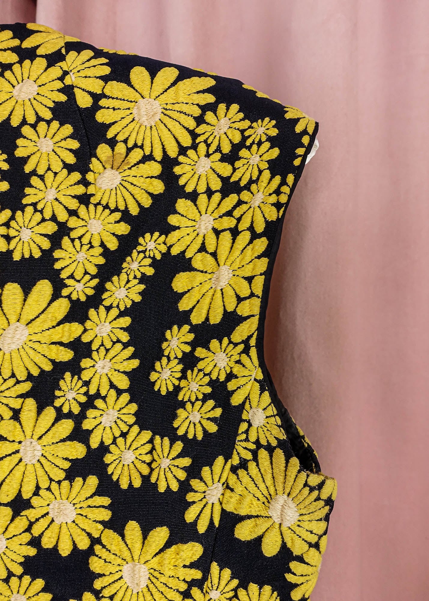 1960s Yellow and Navy Daisy Brocade Dress