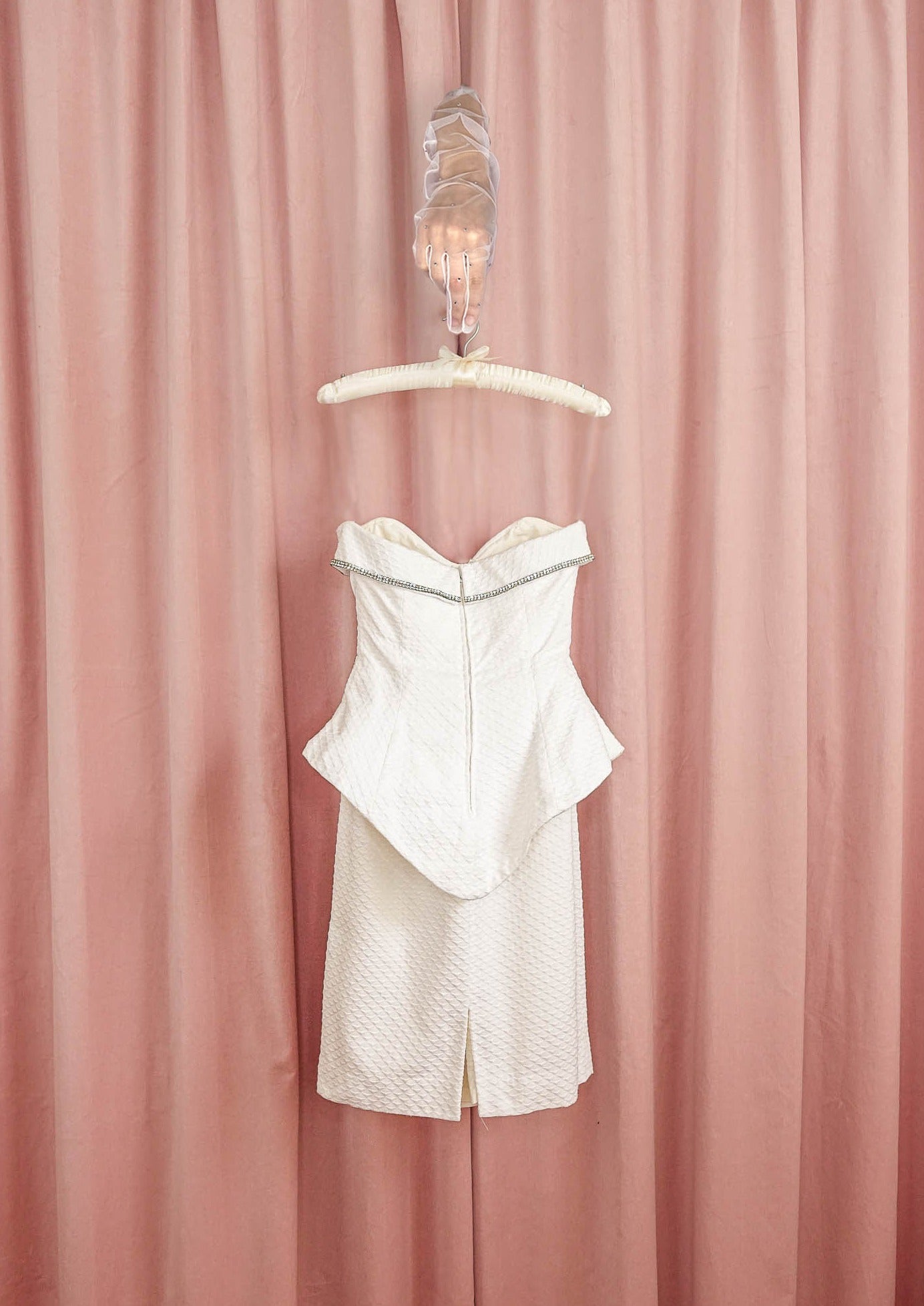 1980s White Strapless Peplum Dress With Rhinestone Buttons