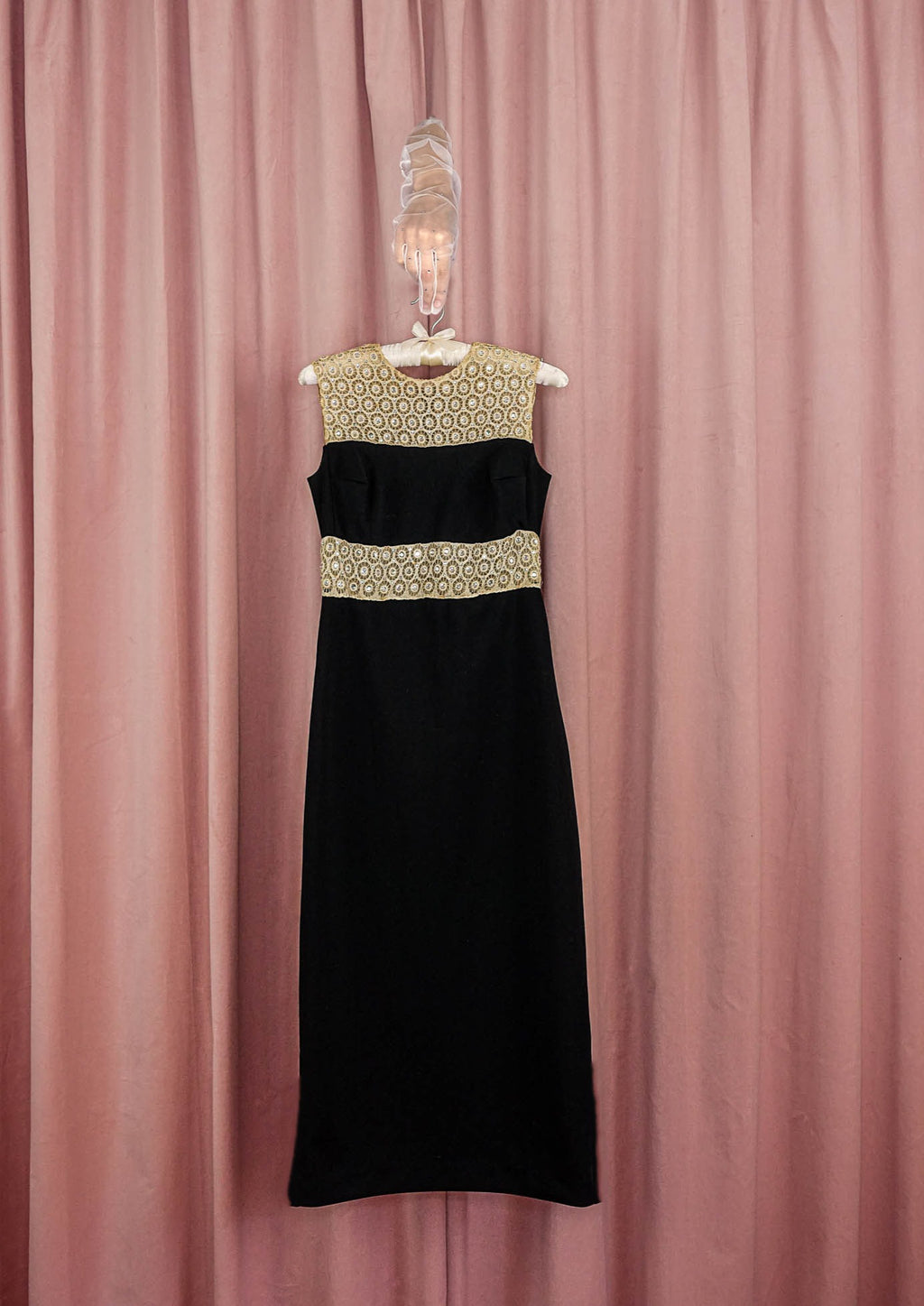1970s Black Lace Illusion Column Dress