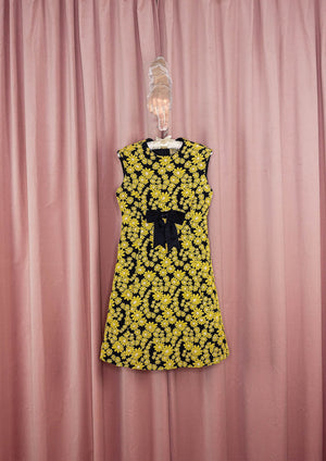 1960s Yellow and Navy Daisy Brocade Dress