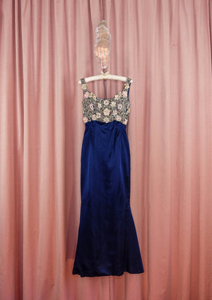 1960s 3 Piece Midnight Blue Satin Trumpet Gown and Beaded Crop