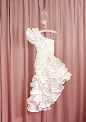 1980s White Asymmetrical Ruffle Gown