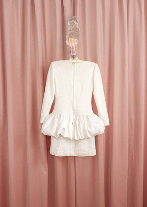 1980s White Textured Body Con With Bubble Peplum