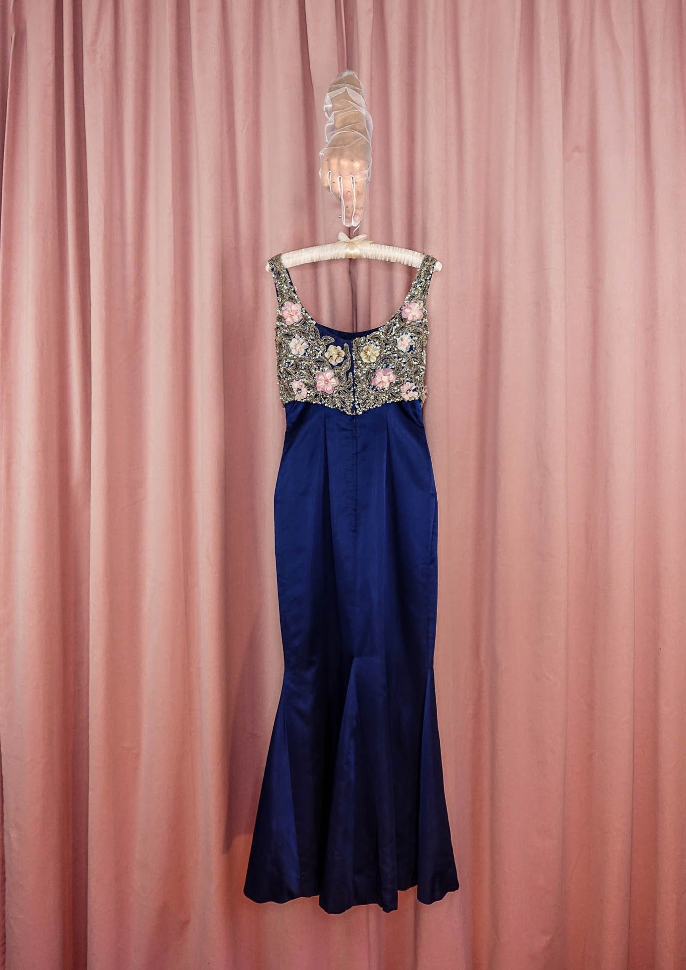 1960s 3 Piece Midnight Blue Satin Trumpet Gown and Beaded Crop