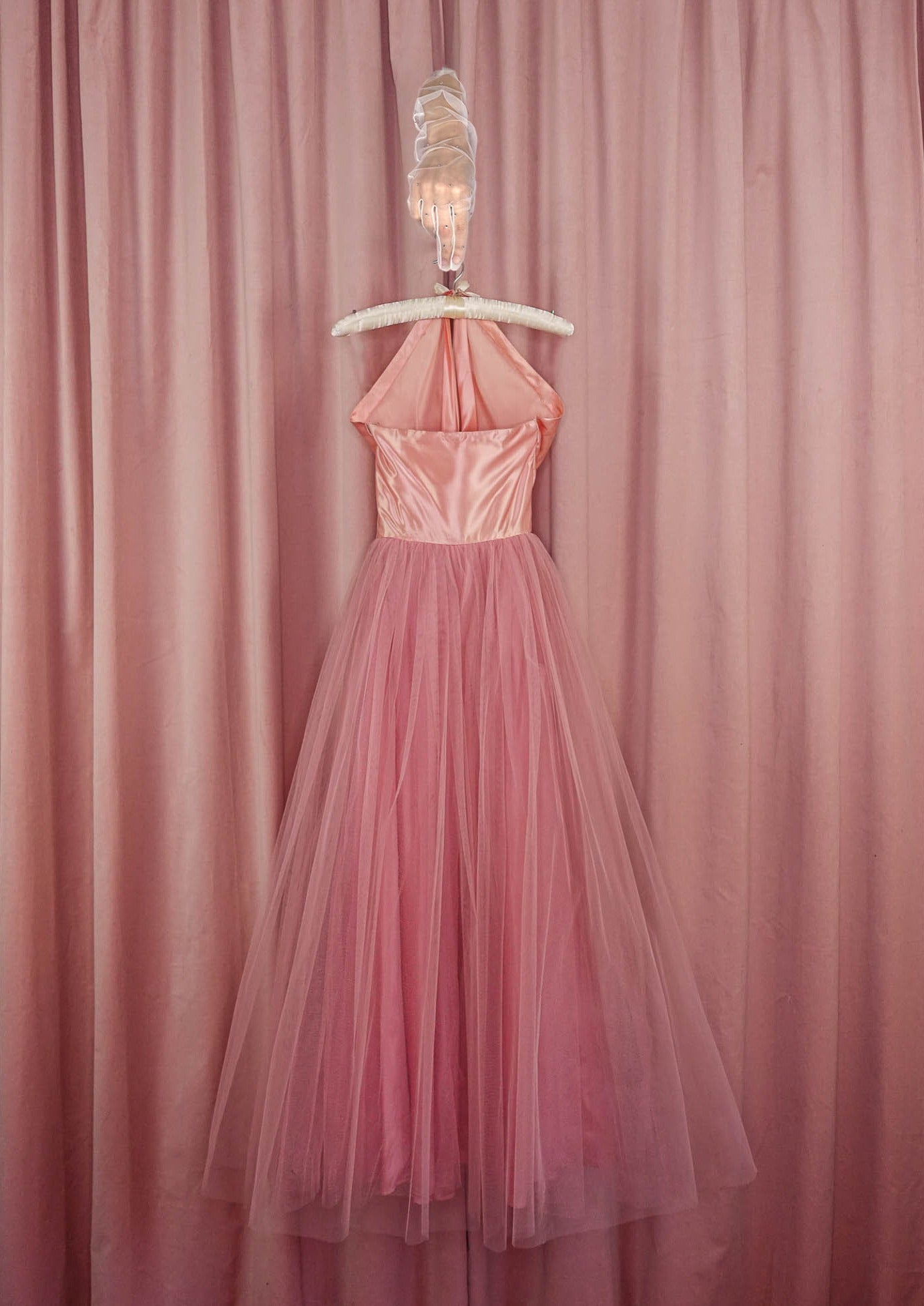 1960s Pink Liquid Satin and Tulle Halter Gown and Bolero