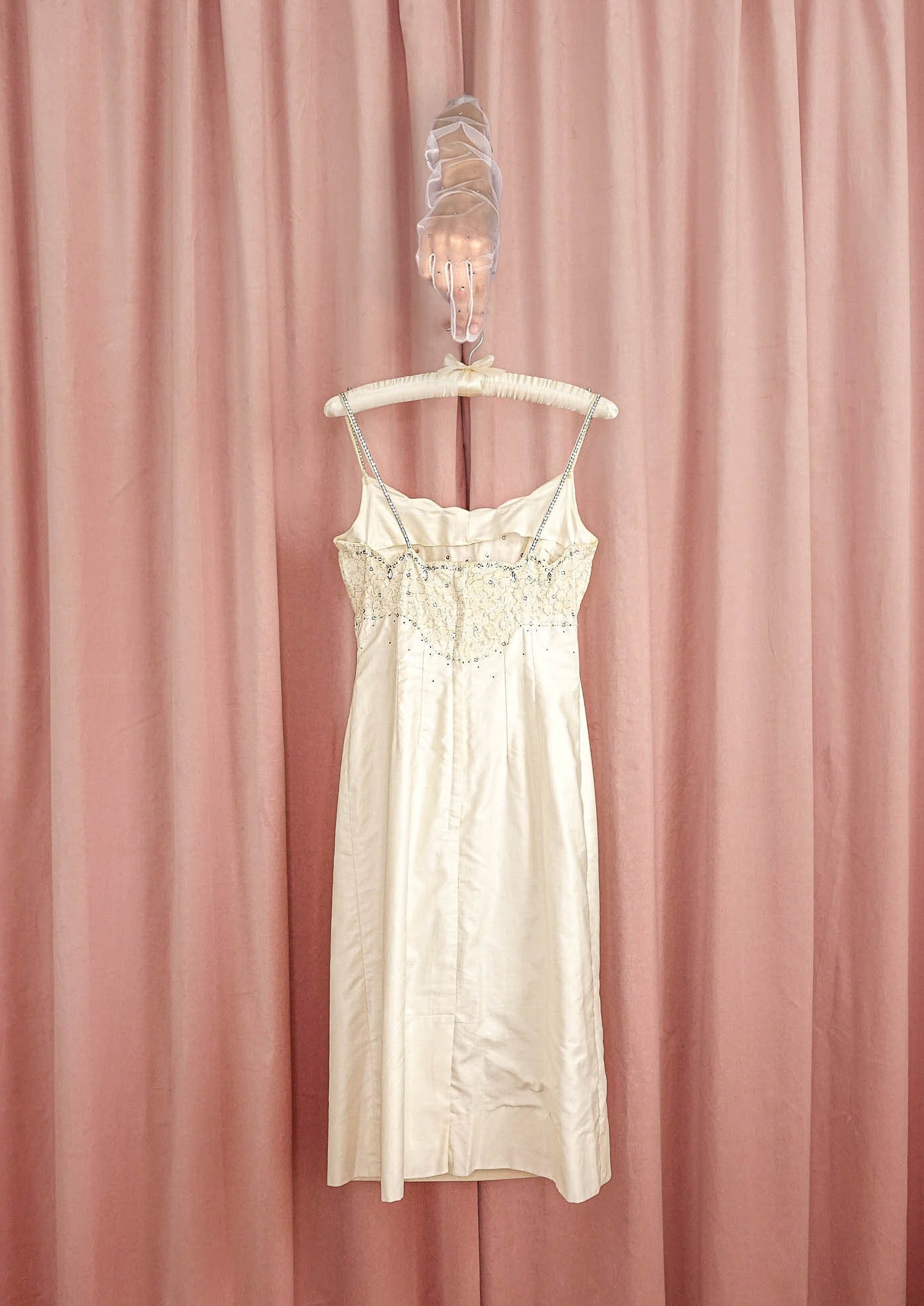 1960s Pearl Wiggle Dress with Lace and Rhinestone Bust Cha Cha Linda Vintage 1960s Pearl Wiggle Dress with Lace and Rhinestone Bust Cha Cha Linda Vintage