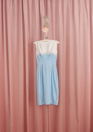 1950s Baby Blue and White Beaded Wiggle Dress