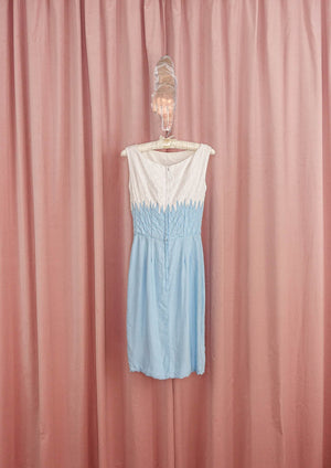 1950s Baby Blue and White Beaded Wiggle Dress