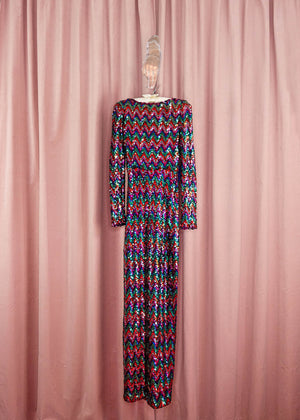 1970s Rainbow Chevron Sequin Gown