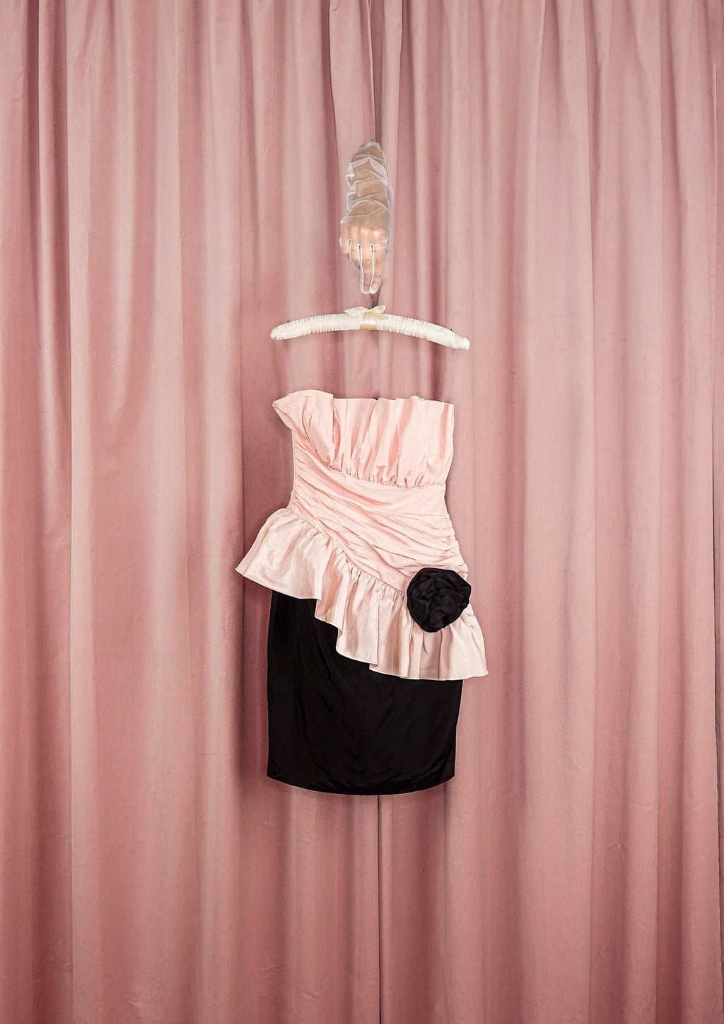 1980s Pale Pink and Black Peplum Mini Dress