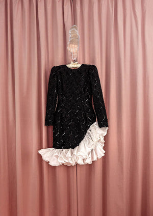 1980s Black Sequin Asymmetrical Dress