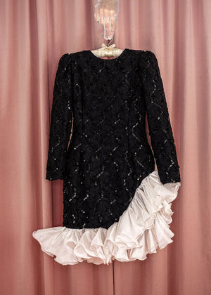 1980s Black Sequin Asymmetrical Dress