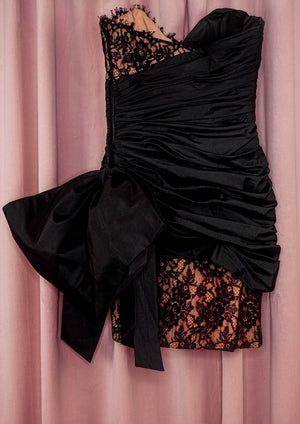 1980s Black Lace and Taffeta  Dress With Oversized Hip Bow