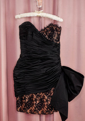 1980s Black Lace and Taffeta  Dress With Oversized Hip Bow