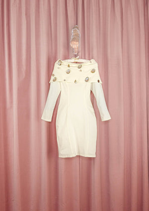 1980s Ivory Off The Shoulder Abalone Shell Dress