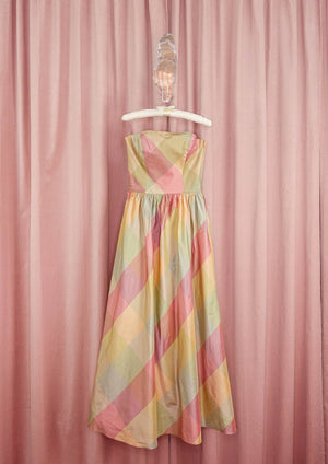 1990s Pastel Plaid Taffeta Gown
