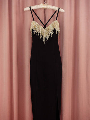 1990s Black Dress With Waterfall Pearl Bust