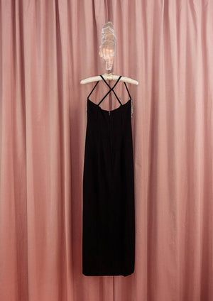 1990s Black Dress With Waterfall Pearl Bust