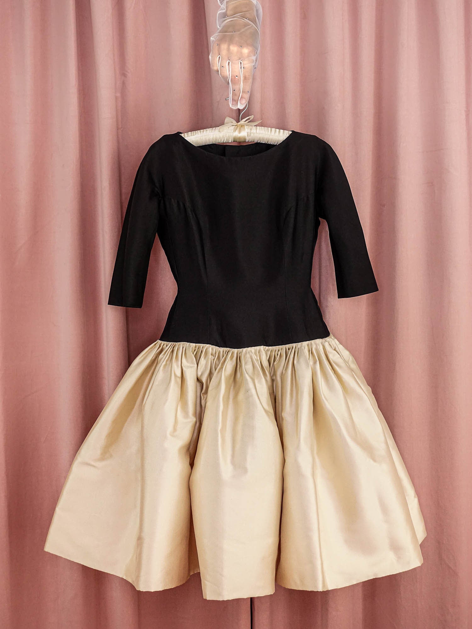 1950s 'Traina-Norell' Black and Ivory Satin Drop Waist Evening Dress Cha Cha Linda Vintage 1950s 'Traina-Norell' Black and Ivory Satin Drop Waist Evening Dress Cha Cha Linda Vintage