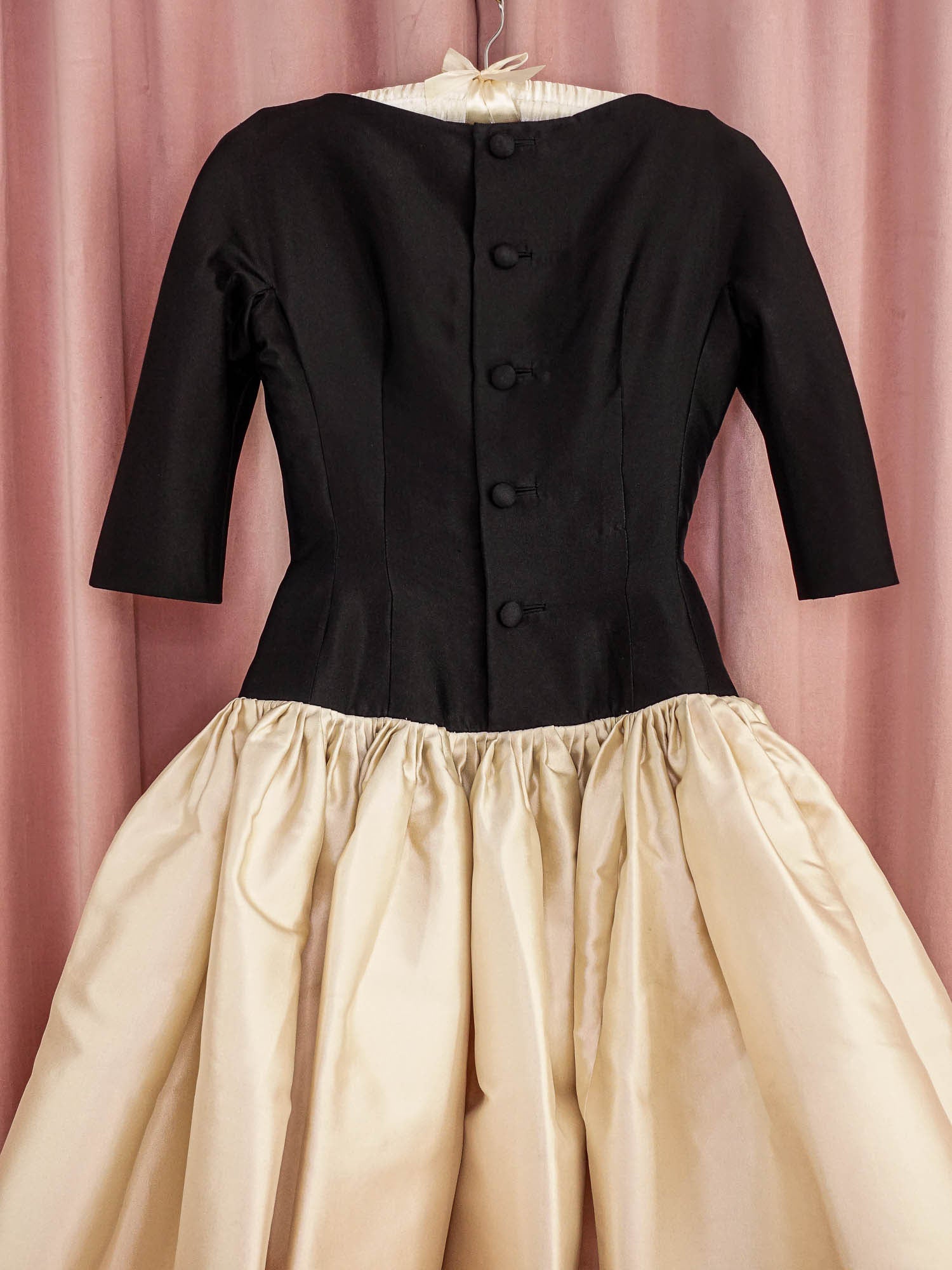 1950s 'Traina-Norell' Black and Ivory Satin Drop Waist Evening Dress