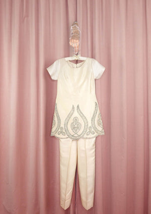 1960s 2 Piece Silk Wool Beaded Tunic and Cigarette Pants