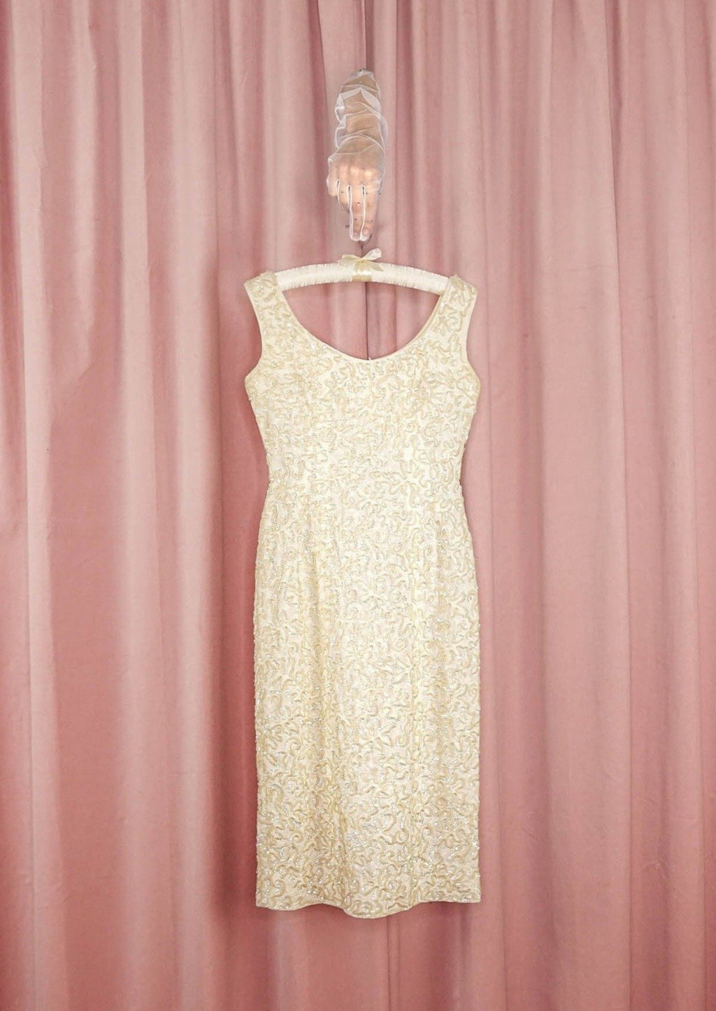 1960s Ivory Sequin Soutache Wiggle Dress