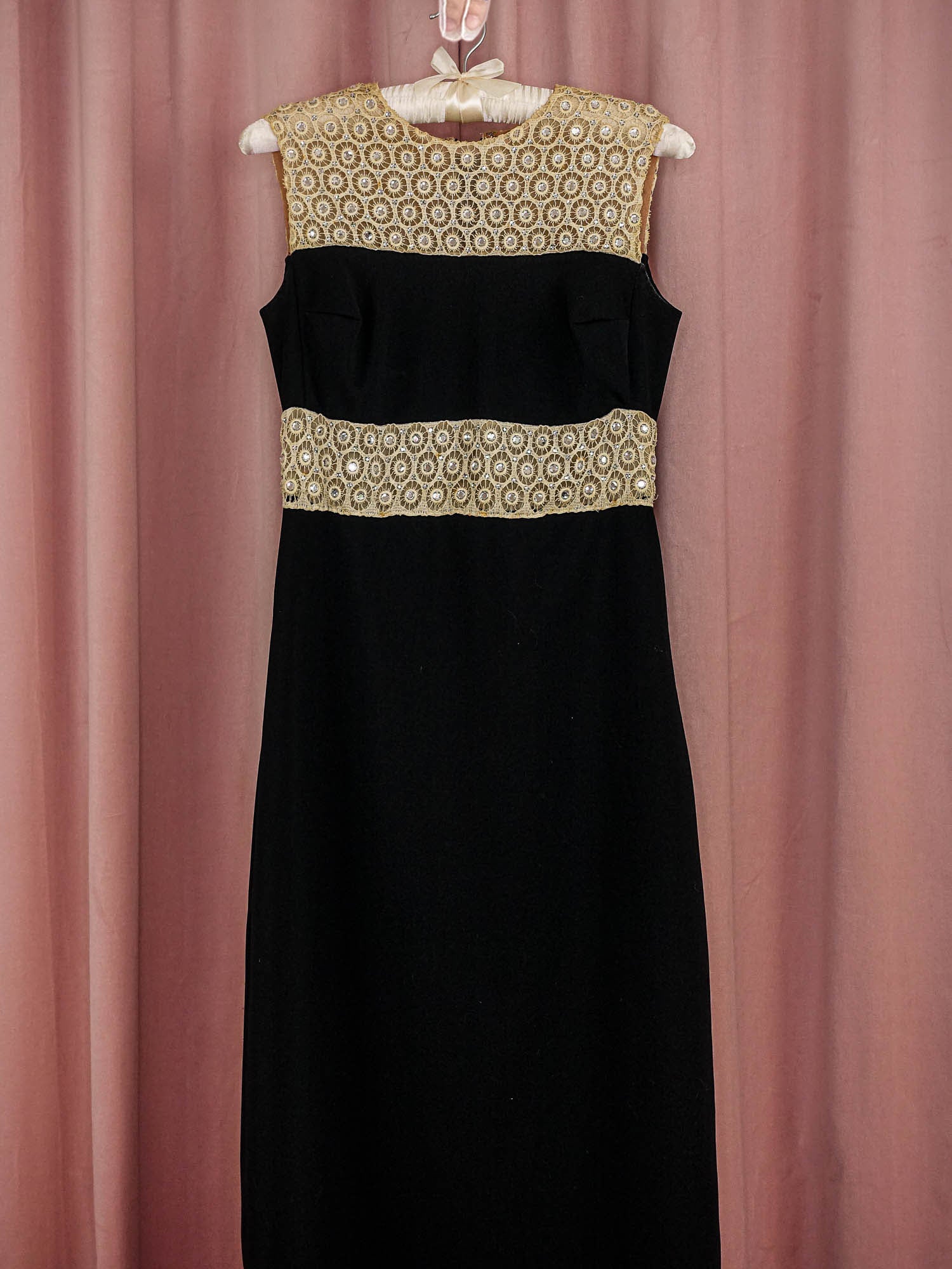 1970s Black Lace Illusion Column Dress