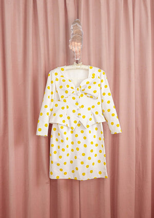 1990s Yellow Polka Dot Piqué Skirt Suit