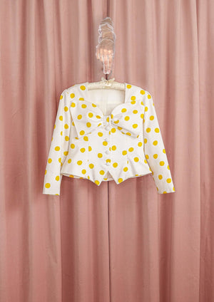 1990s Yellow Polka Dot Piqué Skirt Suit