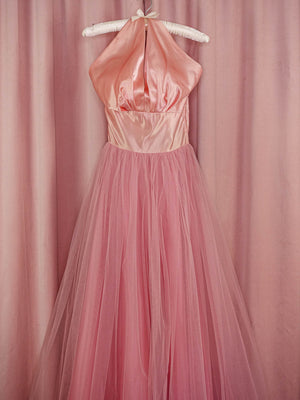 1960s Pink Liquid Satin and Tulle Halter Gown and Bolero