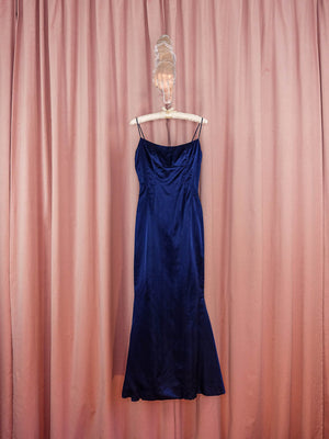 1960s 3 Piece Midnight Blue Satin Trumpet Gown and Beaded Crop