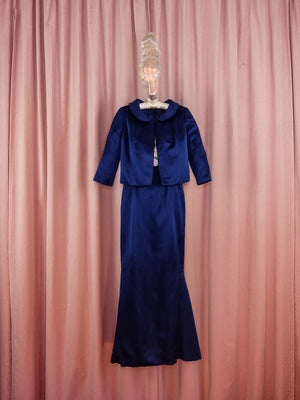 1960s 3 Piece Midnight Blue Satin Trumpet Gown and Beaded Crop