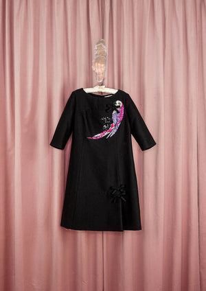 1960s Little Black Dress with Sequin Parrot Appliqué