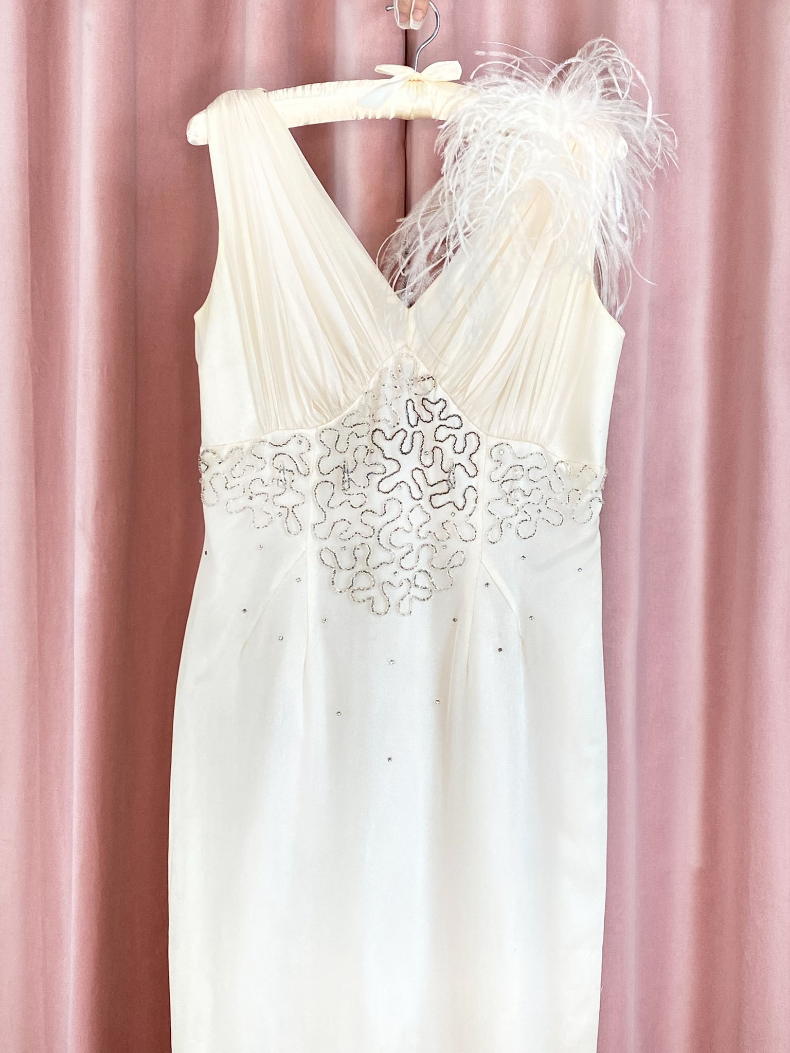 1960s Beaded Chiffon Wiggle Dress With Ostrich Trim Cha Cha Linda Vintage 1960s Beaded Chiffon Wiggle Dress With Ostrich Trim Cha Cha Linda Vintage