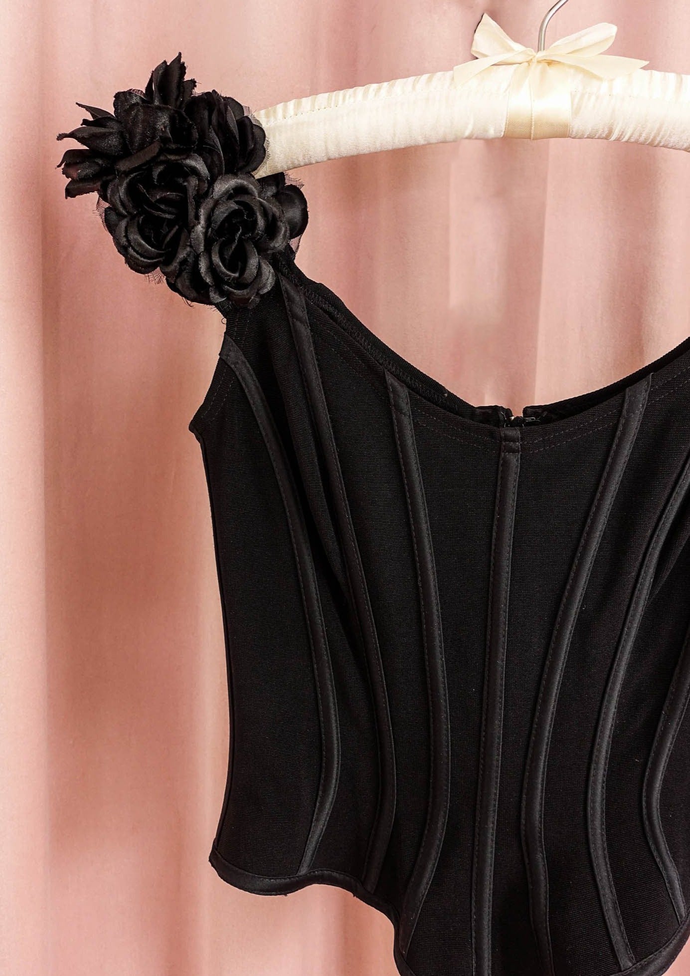 1990s Black Boned Corset With Rose Straps
