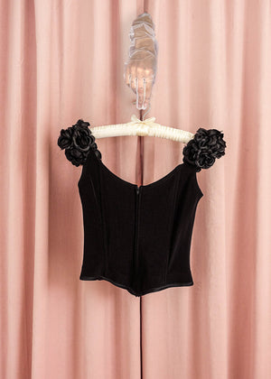1990s Black Boned Corset With Rose Straps