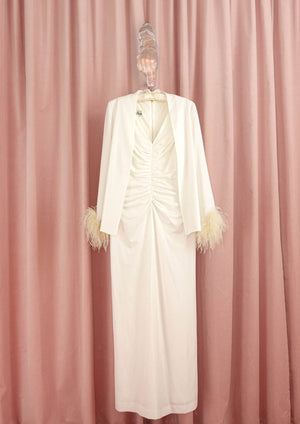 1970s White Ruched Gown And Matching Ostrich Jacket